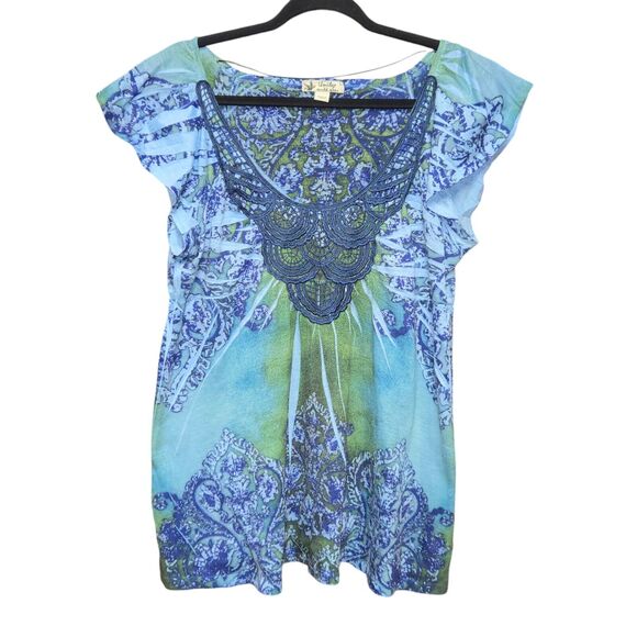 Unity World Wear Womens Large Tunic Top Sleeve Floral Pleated V Neck Blue Green - Picture 1 of 13